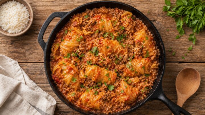A close-up of Budget Cabbage Roll Skillet in a cast iron pan, showing tender cabbage, ground beef, and rich tomato sauce.