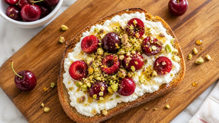 Cherry pistachio cottage cheese toast on a white plate, topped with fresh cherries, chopped pistachios, and a drizzle of honey.