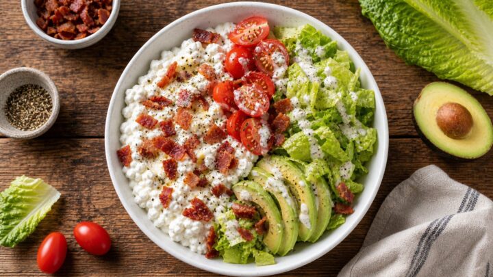 High Protein BLT Cottage Cheese Bowl with crispy bacon, cherry tomatoes, and lettuce