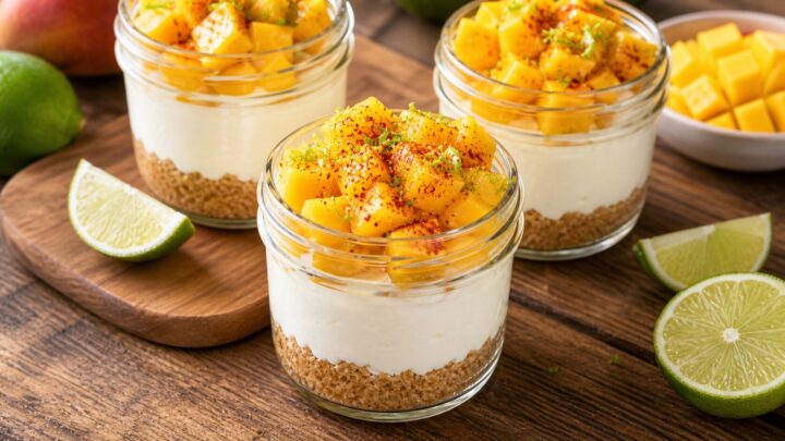 A glass jar filled with layered no-bake mango chili lime cheesecake, showing graham cracker crust, creamy filling, and fresh mango topping.
