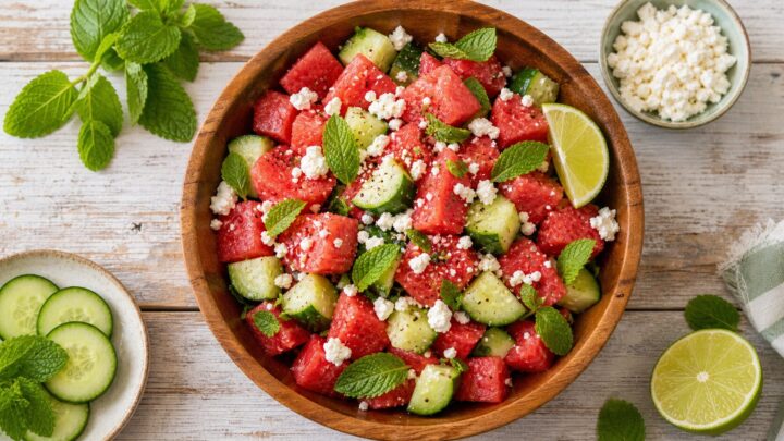 A bowl of fresh watermelon feta cucumber salad with mint and lime dressing