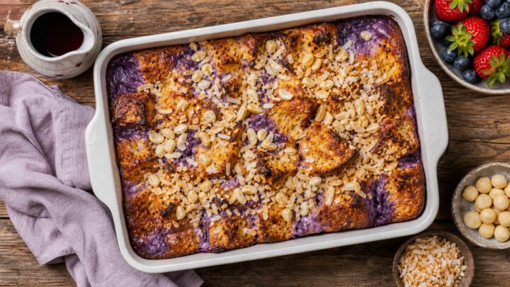 Ube coconut french toast bake in a baking dish, topped with toasted coconut and nuts, served with maple syrup.