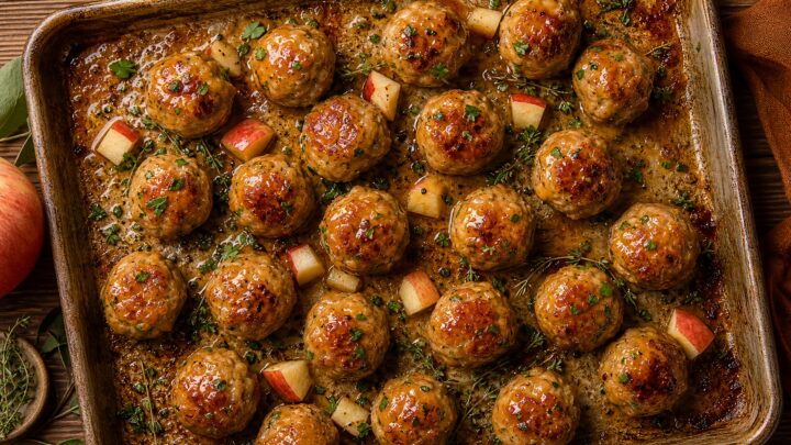 Juicy maple apple chicken sausage meatballs on a sheet pan with maple Dijon glaze garnished with fresh parsley