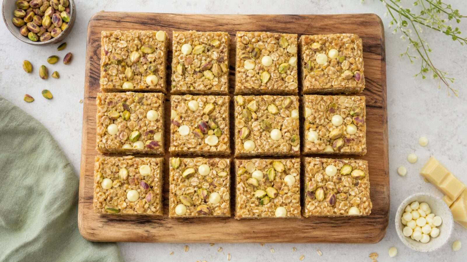Pistachio white chocolate oat bars cut into squares on a wooden board, showing chewy texture and white chocolate chips.