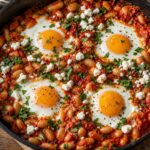 Harissa feta butter beans with eggs in a cast iron skillet, garnished with parsley