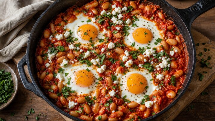 Harissa feta butter beans with eggs in a cast iron skillet, garnished with parsley