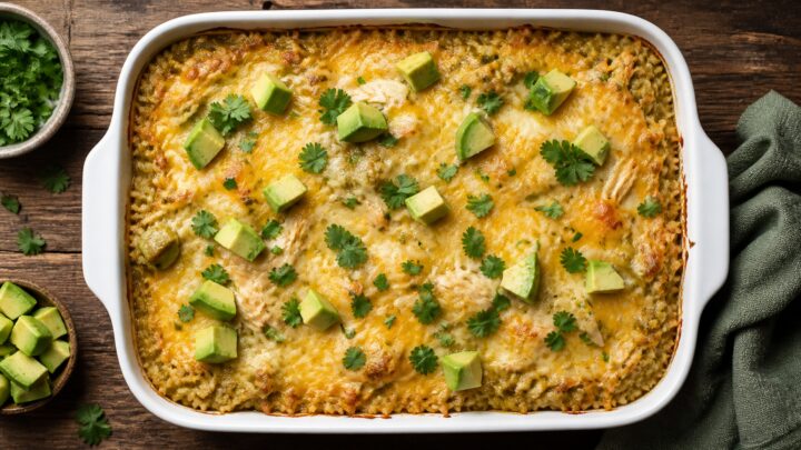 Green chile chicken enchilada rice bake in a baking dish with melted cheese and fresh cilantro garnish