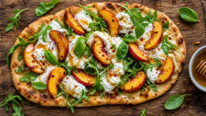 Peach burrata hot honey flatbread with fresh basil on a wooden board