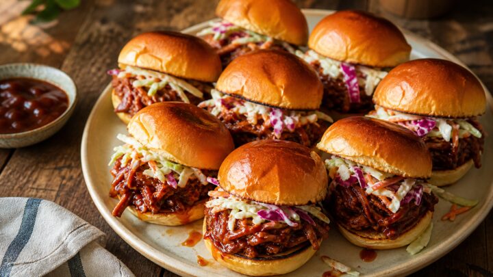A platter of cherry cola pulled chicken sliders on toasted buns with coleslaw, perfect for game day or a family dinner.