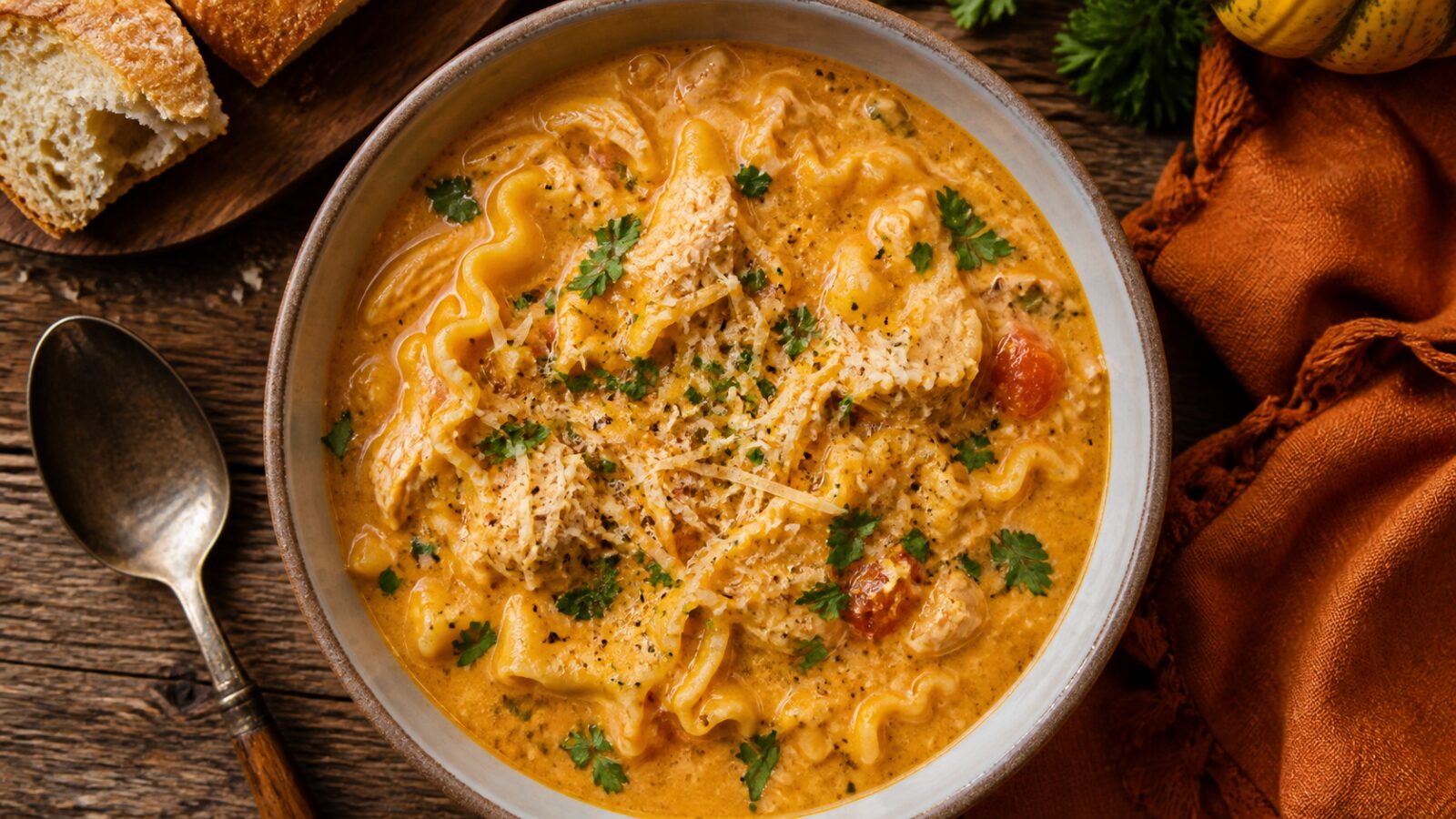 A bowl of creamy pumpkin alfredo chicken lasagna soup garnished with parsley and Parmesan cheese