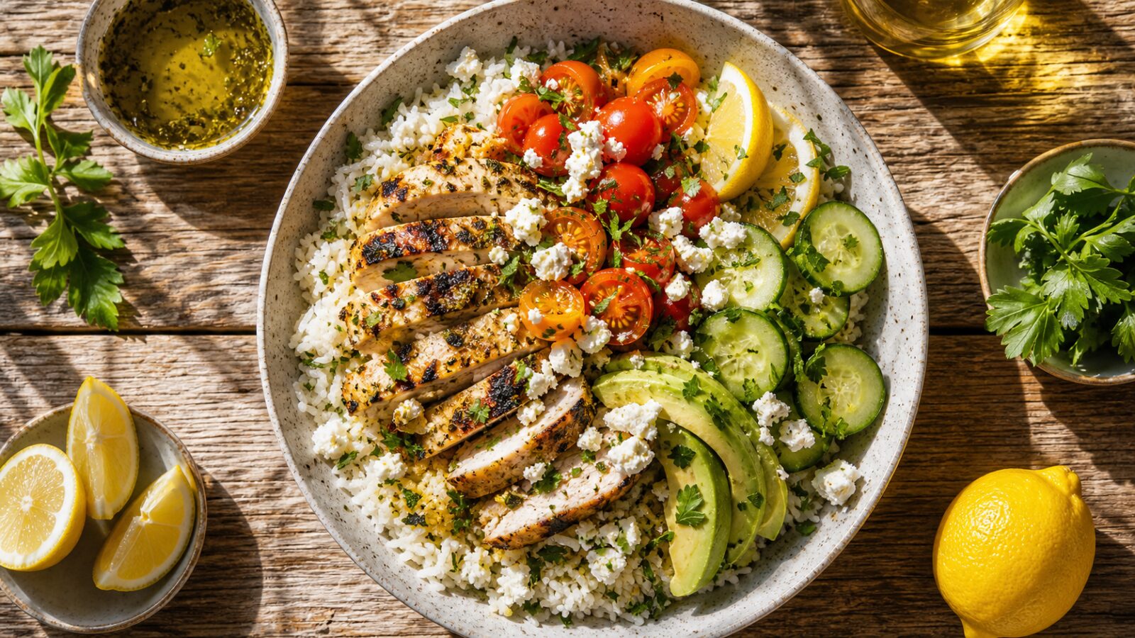 A bowl of olive oil citrus marinated chicken over rice with fresh tomatoes, cucumber, avocado, and crumbled feta cheese.