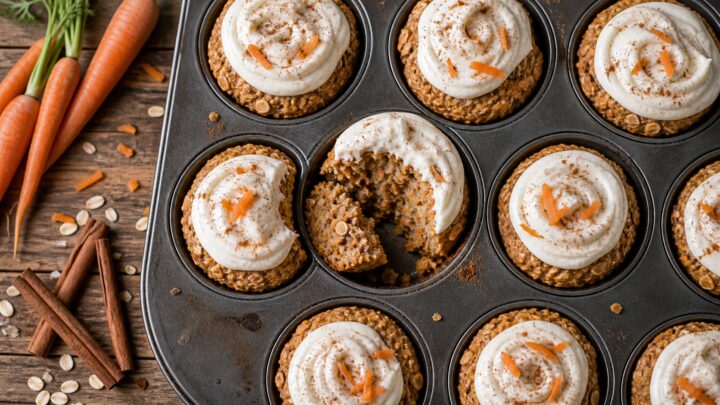 Carrot cake baked oatmeal cups with protein frosting in a muffin tin, topped with frosting and chopped nuts.