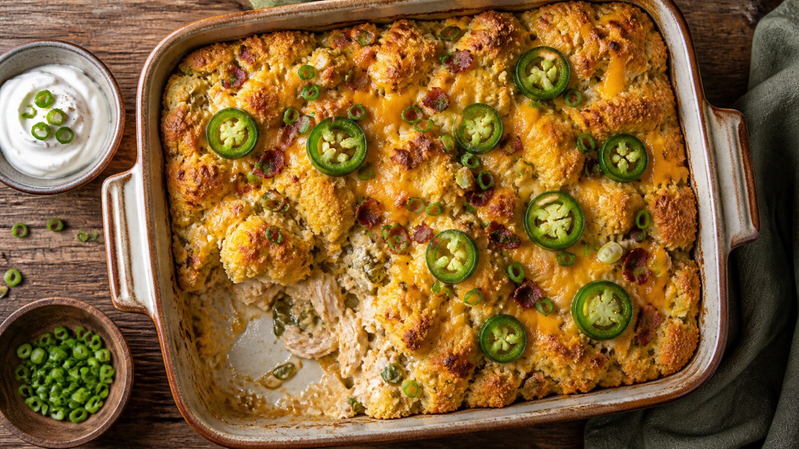 Jalapeno popper cornbread chicken casserole served on a plate, showing golden cornbread topping with melted cheese and creamy chicken filling.