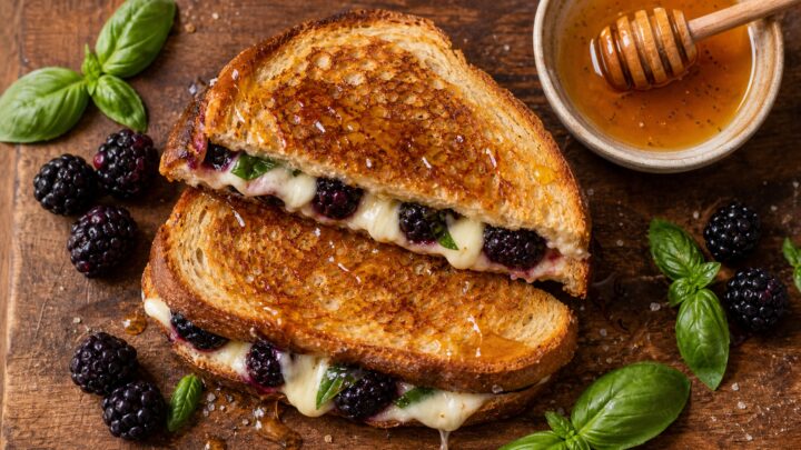 A blackberry basil grilled cheese sandwich with hot honey drizzle on a wooden board, cut in half, showing melted cheese and blackberries.