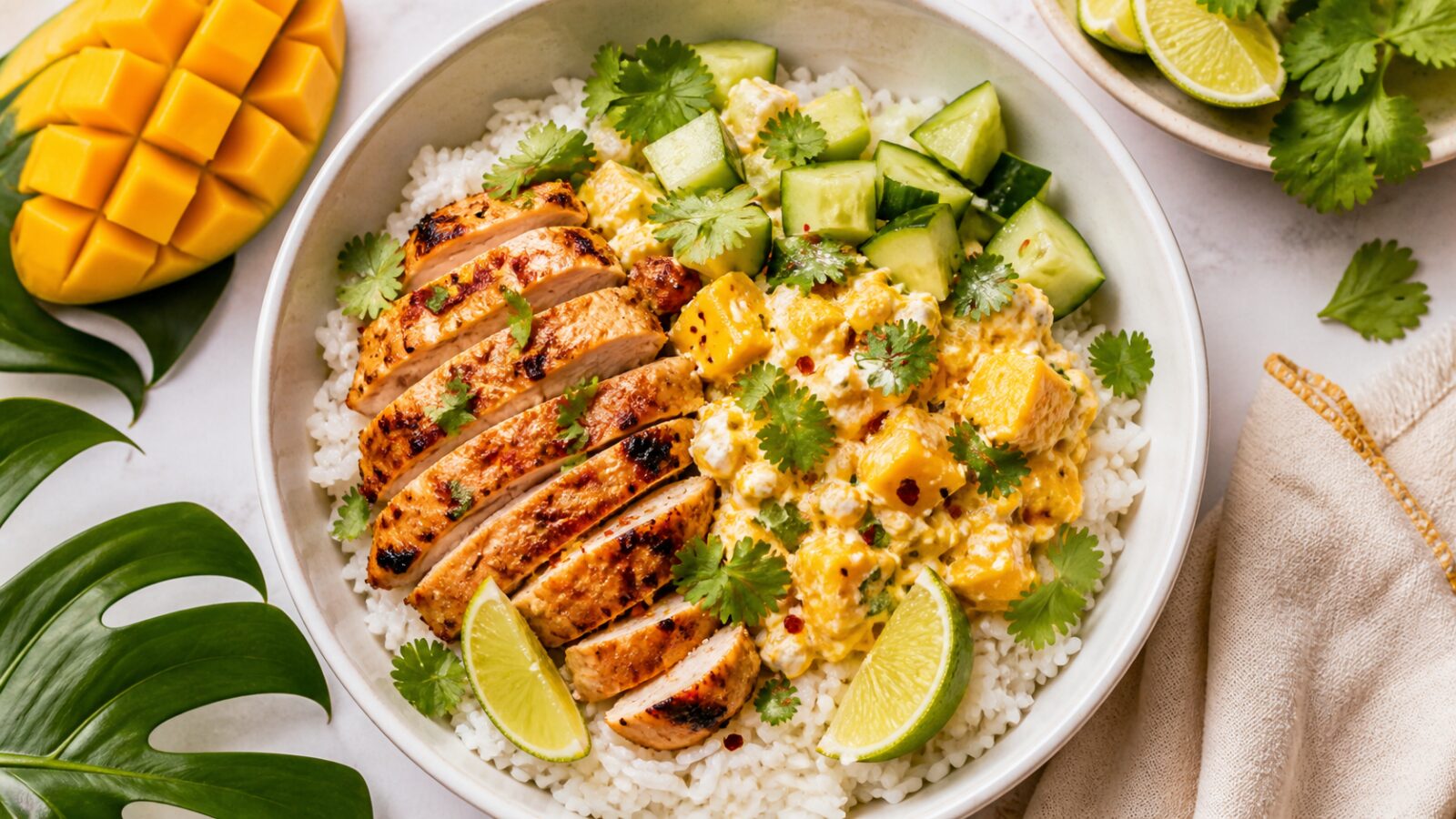 Spicy Mango Cottage Cheese Chicken Bowls in a bowl with rice, mango cottage cheese mixture, sliced chicken, cucumber, and cilantro.