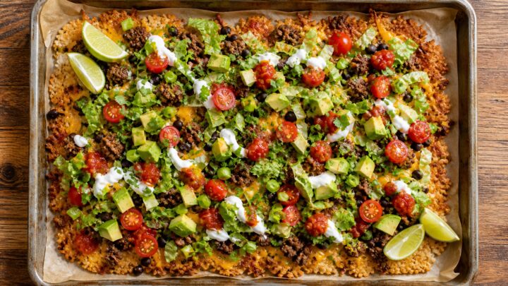 Crispy rice taco salad tray on a baking sheet with seasoned ground beef, melted cheese, lettuce, tomatoes, avocado, black beans, and sour cream.