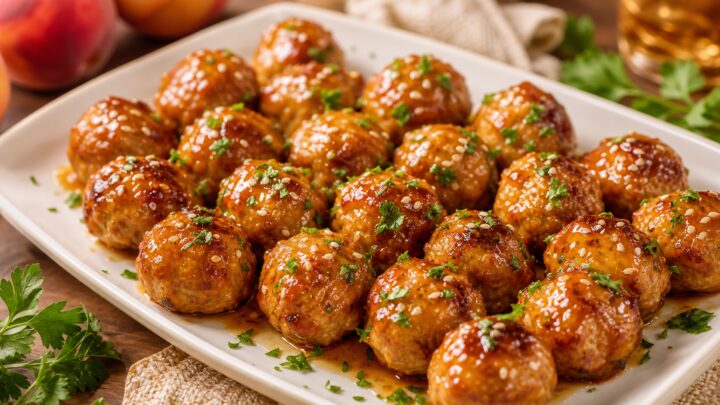 Juicy air fryer chicken meatballs glazed with peach bourbon sauce, garnished with parsley and sesame seeds.