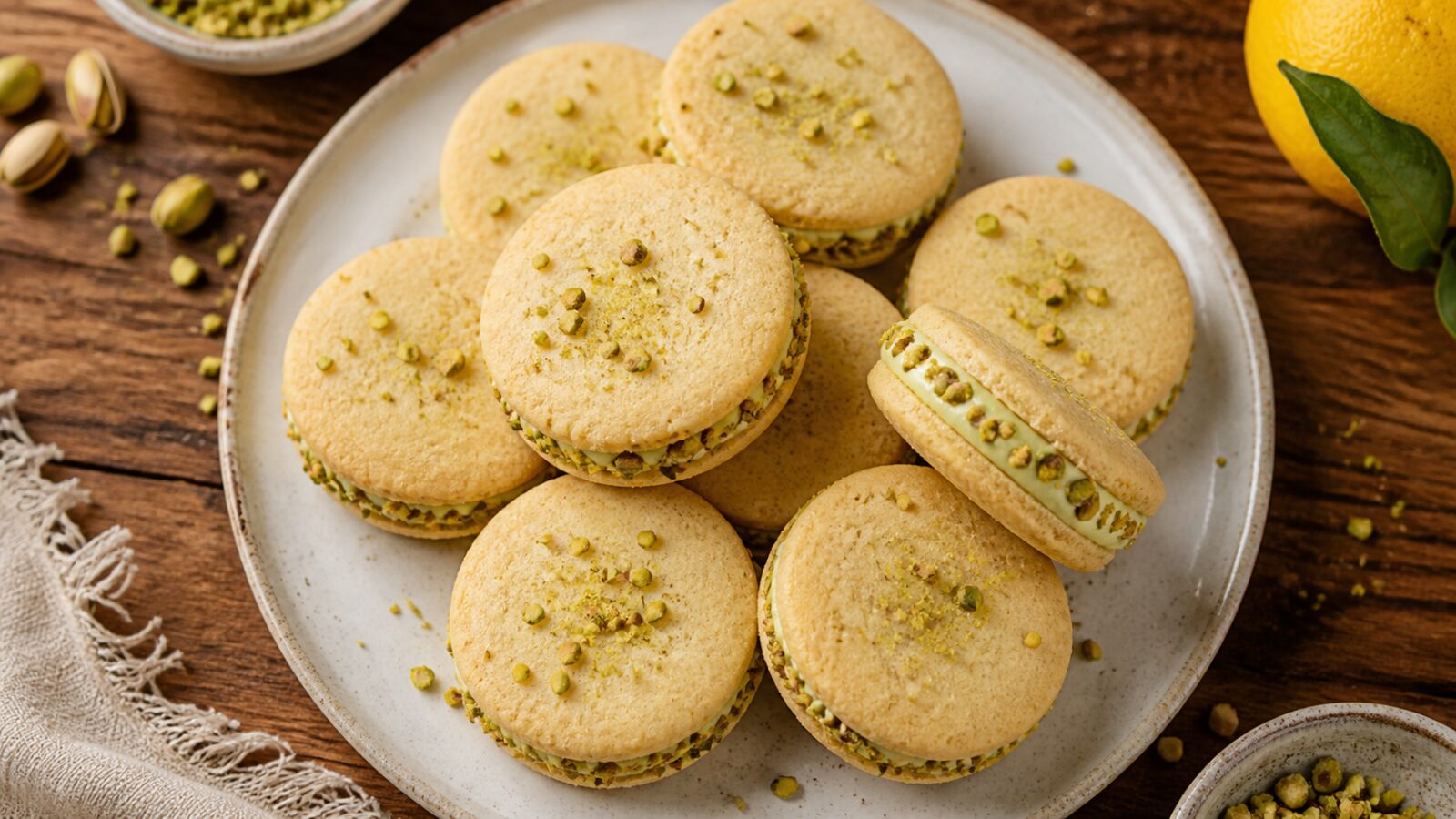 Stack of yuzu pistachio shortbread sandwich cookies with green pistachio pieces and creamy filling, on a rustic wooden board