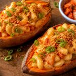 Kimchi mac and cheese stuffed sweet potatoes on a baking sheet, golden and topped with green onions
