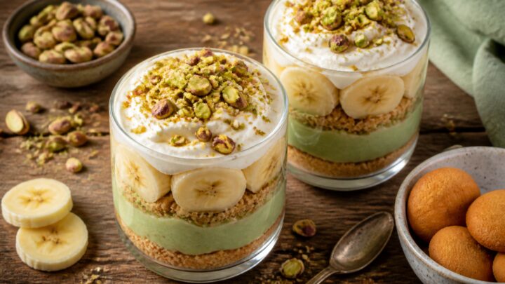 Pistachio banana pudding crunch cups in a clear glass cup showing layers of graham cracker crust, green pudding, and banana slices, topped with whipped cream and chopped pistachios.