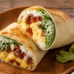 Cottage Cheese Caesar Breakfast Wrap cut in half showing creamy cottage cheese sauce, scrambled eggs, bacon, and romaine lettuce wrapped in a warm tortilla.