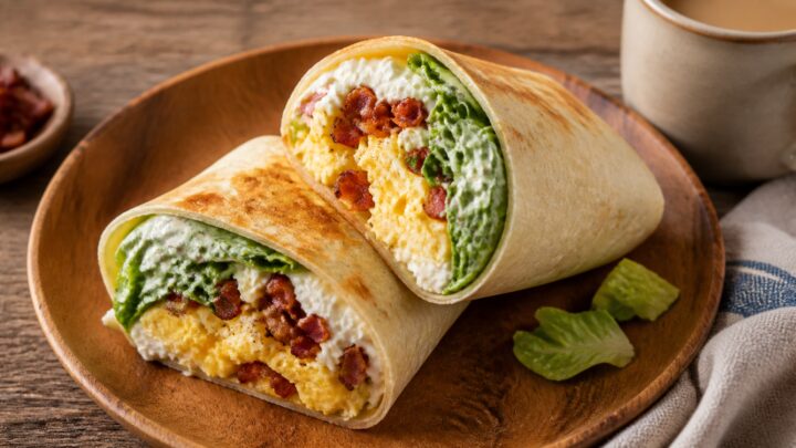 Cottage Cheese Caesar Breakfast Wrap cut in half showing creamy cottage cheese sauce, scrambled eggs, bacon, and romaine lettuce wrapped in a warm tortilla.