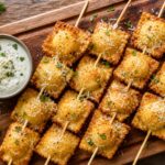 Air fryer crispy ravioli Caesar skewers on a wooden serving board with dipping sauce