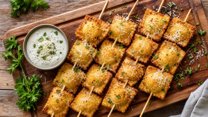 Air fryer crispy ravioli Caesar skewers on a wooden serving board with dipping sauce