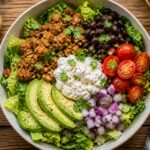 Fiber Boost Taco Cottage Cheese Bowls with ground turkey, black beans, and creamy cottage cheese sauce, served in a bowl.