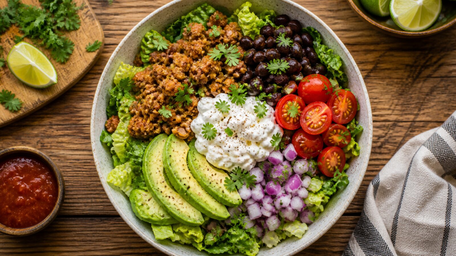 Fiber Boost Taco Cottage Cheese Bowls with ground turkey, black beans, and creamy cottage cheese sauce, served in a bowl.