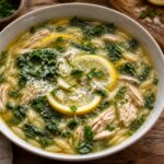 A bowl of Meyer lemon chicken orzo soup with fresh greens and parsley garnish