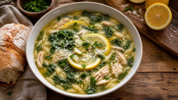 A bowl of Meyer lemon chicken orzo soup with fresh greens and parsley garnish