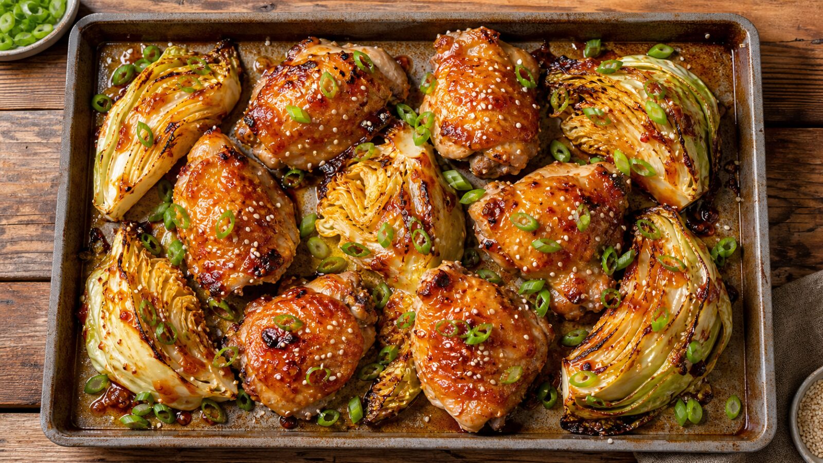 Spicy apricot chicken traybake with cabbage on a sheet pan, garnished with green onions and sesame seeds