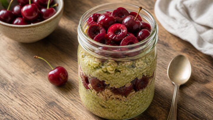 Cherry matcha overnight weetabix in a mason jar with fresh cherries and a wooden spoon.