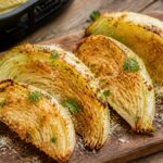 Crispy air fryer garlic parmesan cabbage wedges on a white plate with fresh parsley garnish