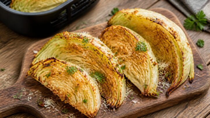 Crispy air fryer garlic parmesan cabbage wedges on a white plate with fresh parsley garnish