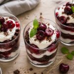 Olive oil brownie parfaits with cherries in glass cups, layered with brownie cubes, cherry compote, and whipped cream