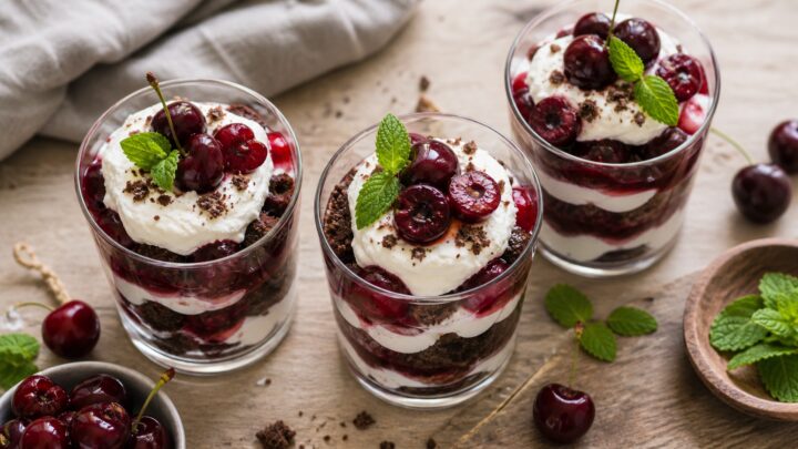 Olive oil brownie parfaits with cherries in glass cups, layered with brownie cubes, cherry compote, and whipped cream