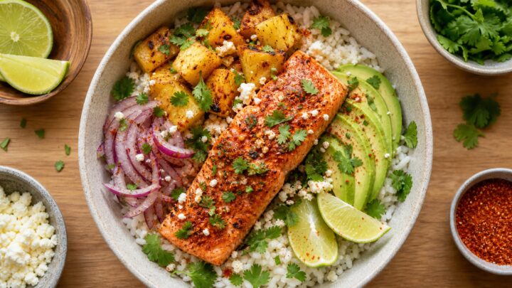 Pineapple Tajin Salmon Rice Bowls with avocado and cilantro on top