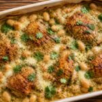 Salsa verde butter bean chicken bake in a baking dish, golden and bubbly with melted cheese and cilantro.