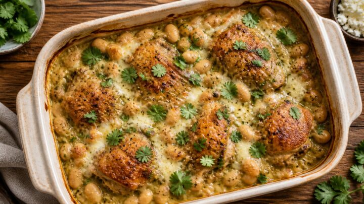 Salsa verde butter bean chicken bake in a baking dish, golden and bubbly with melted cheese and cilantro.