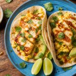 Hot honey halloumi breakfast tacos with eggs and avocado on a wooden board