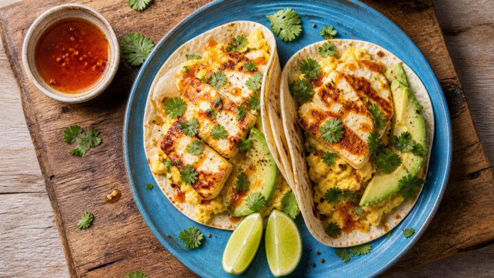 Hot honey halloumi breakfast tacos with eggs and avocado on a wooden board