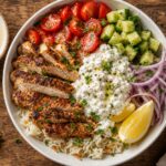 Chicken Shawarma Cottage Cheese Bowls with fresh veggies and tahini sauce