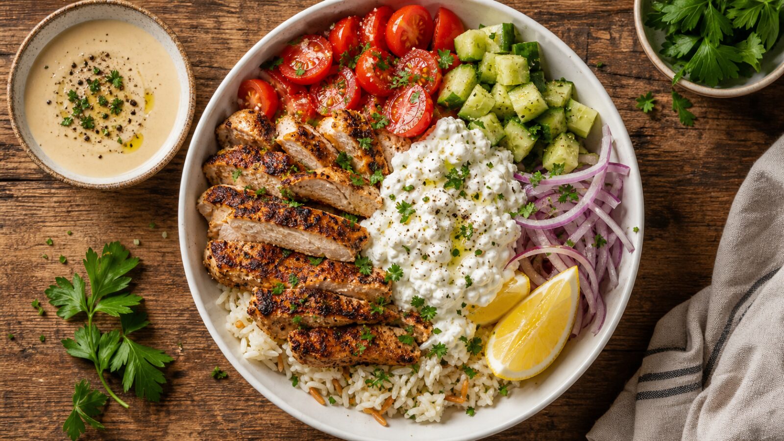 Chicken Shawarma Cottage Cheese Bowls with fresh veggies and tahini sauce