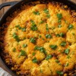 Miso cornbread taco bake in a cast-iron skillet with melted cheese and cilantro garnish.