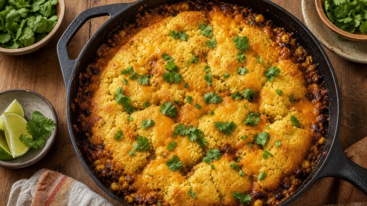 Miso cornbread taco bake in a cast-iron skillet with melted cheese and cilantro garnish.