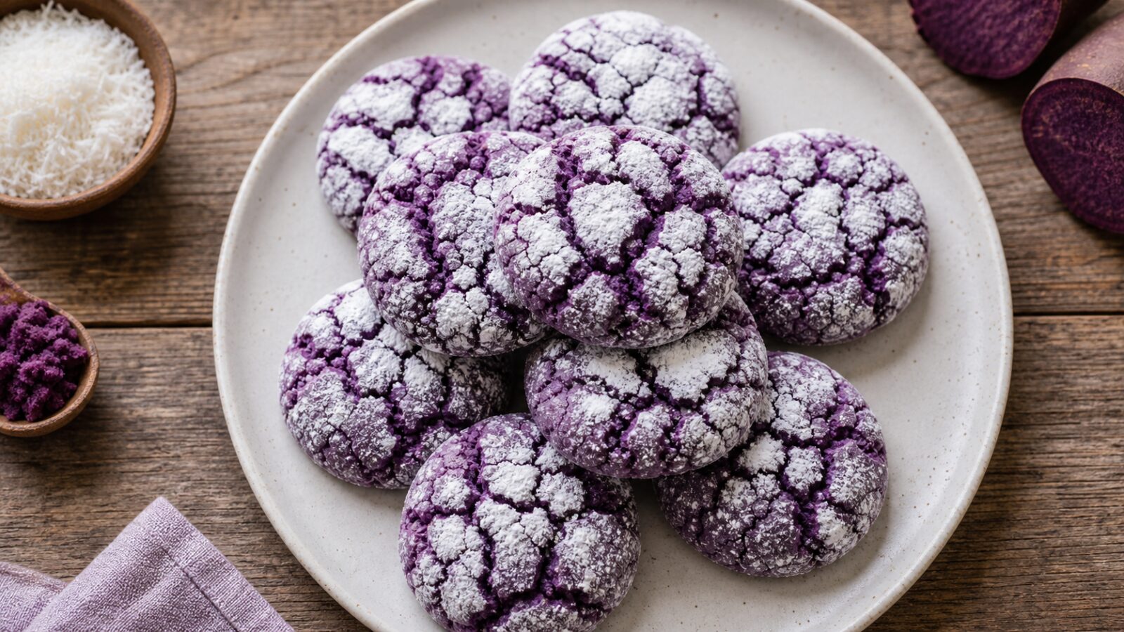 A stack of purple ube coconut crinkle cookies on a white plate, showing their crinkly powdered sugar coating.