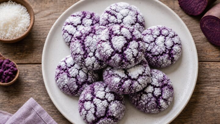 A stack of purple ube coconut crinkle cookies on a white plate, showing their crinkly powdered sugar coating.