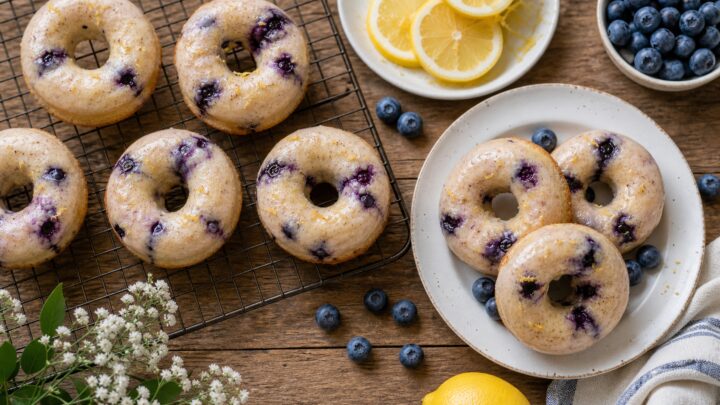 Moist blueberry lemon olive oil baked donuts with lemon glaze on a wire rack